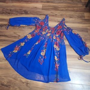 Free People Penny Lover Cold Shoulder Mini Dress Blue Floral Size S